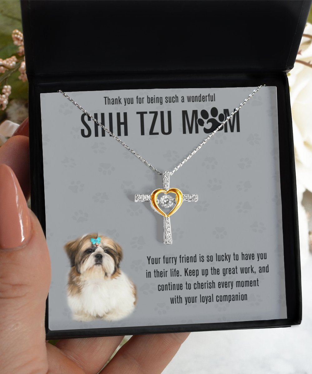 Shih Tzu Mom Cross Dancing Necklace - Dog Mom Gifts For Women Birthday Christmas Mother's Day Gift Necklace For Shih Tzu Dog Lover