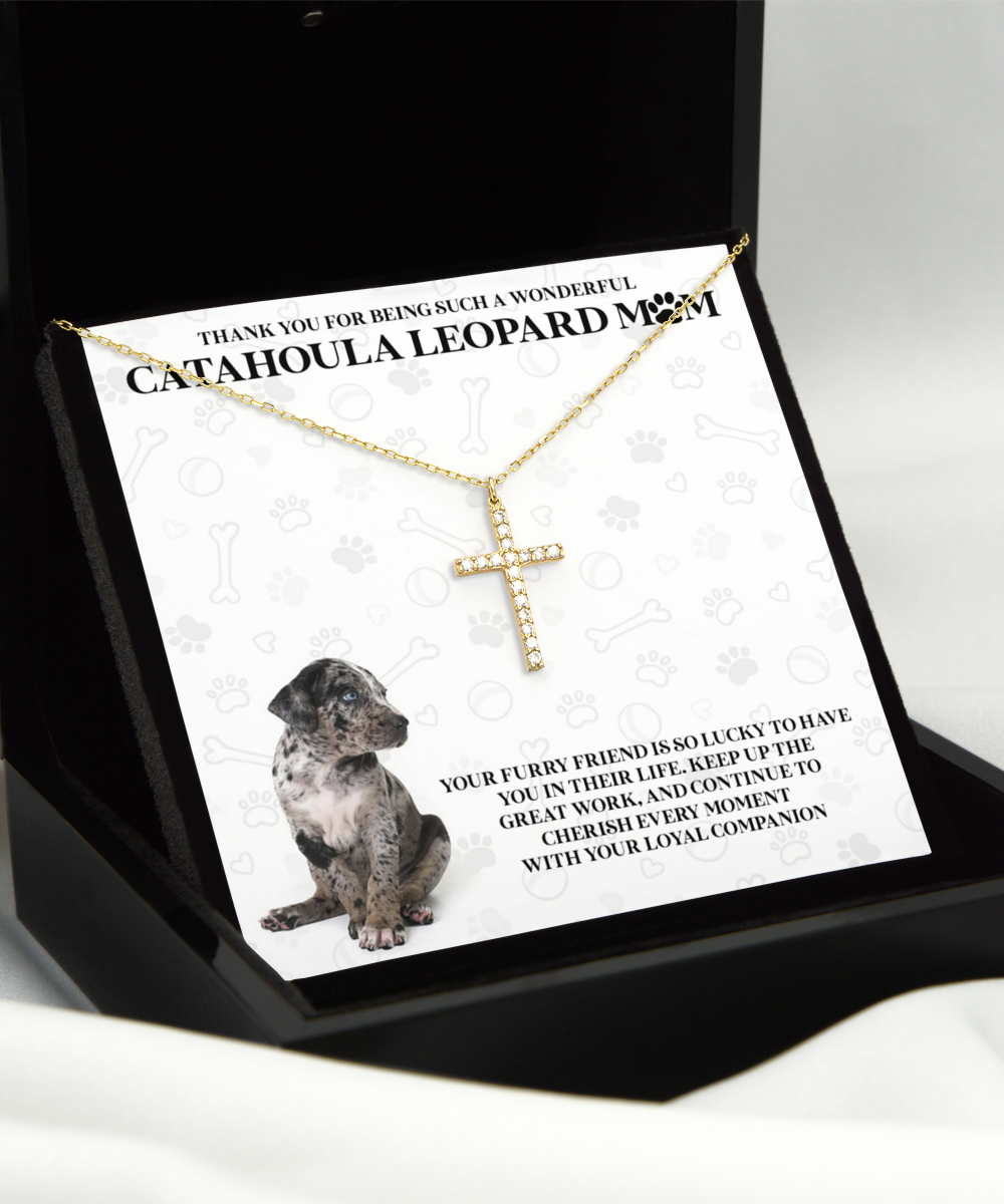 Catahoula Leopard Mom Crystal Gold Cross Necklace - A Birthday Christmas Mother's Day Gift For Catahoula Leopard Dog Mom Gifts For Women Necklace