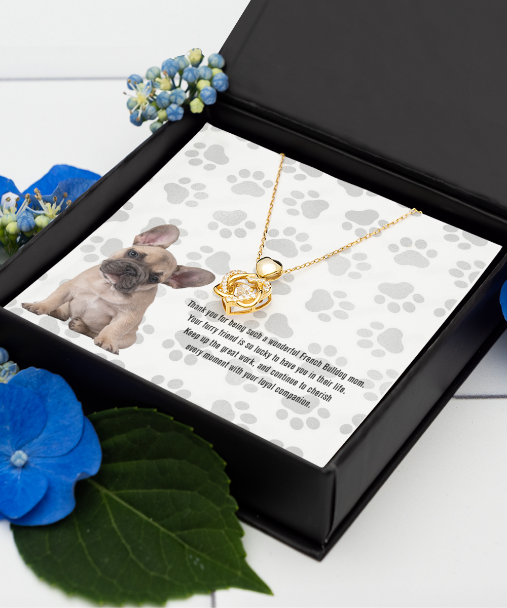 French Bulldog Mom Heart Knot Gold Necklace - Dog Mom Jewelry Gifts Necklace For Women Birthday Christmas Mother's Day Gift For French Bulldog Dog Lover